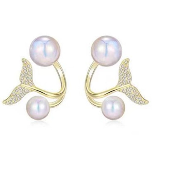 Mermaid Tail Cuff Gold Pearl Earrings Stud Women Rhinestone Minimalist Jewelry - Picture 3 of 4